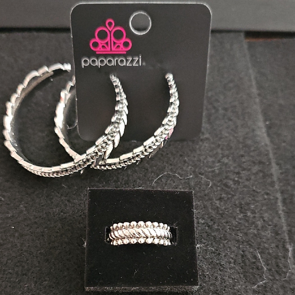 Paparazzi Silver Textured Hoop Earrings and Ring Set